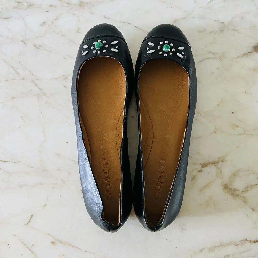 COACH Farrell Solid Black Leather Jewel Accent Ballerina Flats - US 8.5